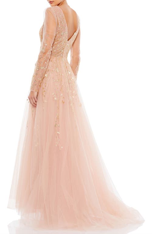 Mac Duggal Embellished V Neck Long Sleeve A Line Gown In Pink Champagne