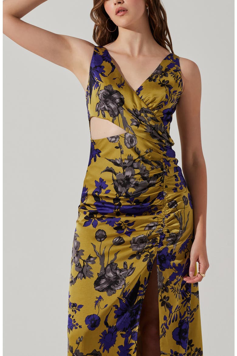 Floral Ruched Cutout Dress, Alternate, color, CHARTREUSE INDIGO FLORAL