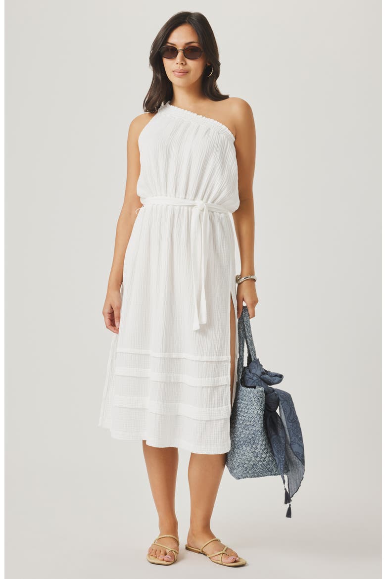 Ava One-Shoulder Gauze Midi Dress, Alternate, color, WHITE