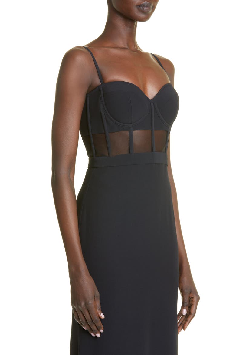 Sheer Corset Bodice Leaf Crepe Gown, Alternate, color, 1000 BLACK