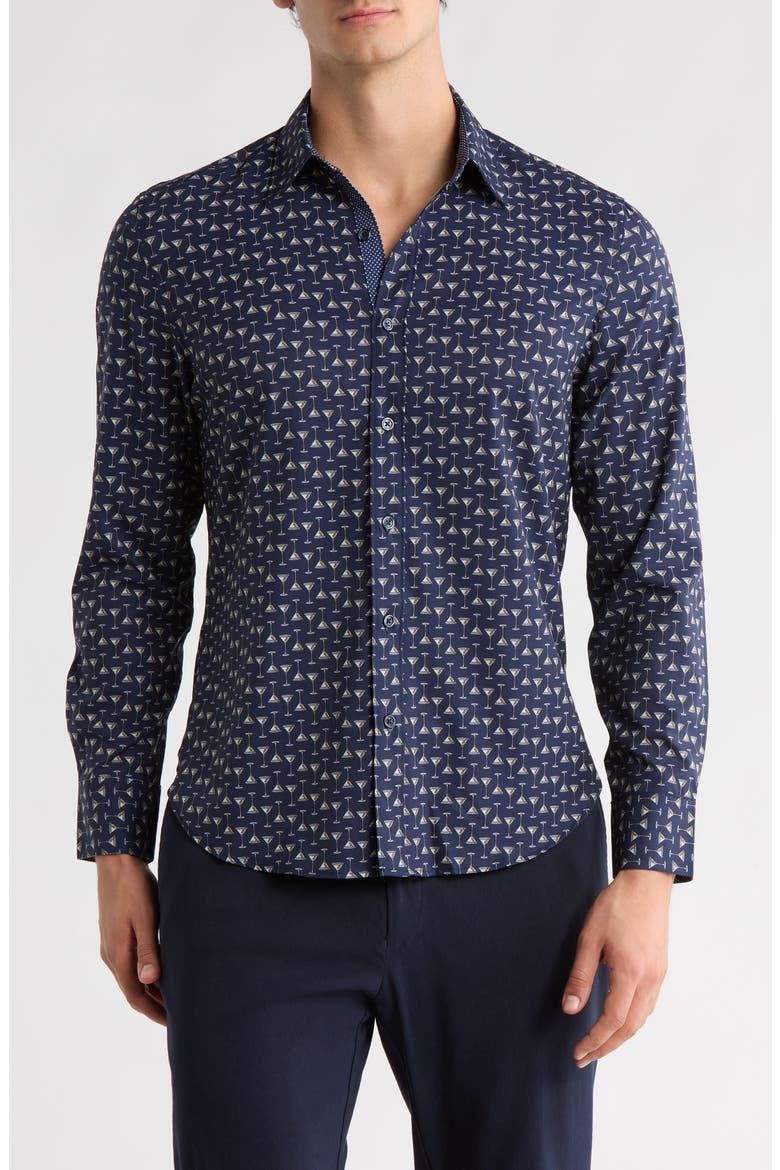 Slim Fit Martini Print 4-Way Stretch Performance Button-Down Shirt, Main, color, NAVY