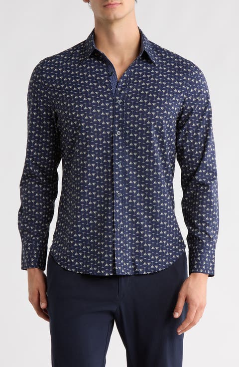 Slim Fit Martini Print 4-Way Stretch Performance Button-Down Shirt