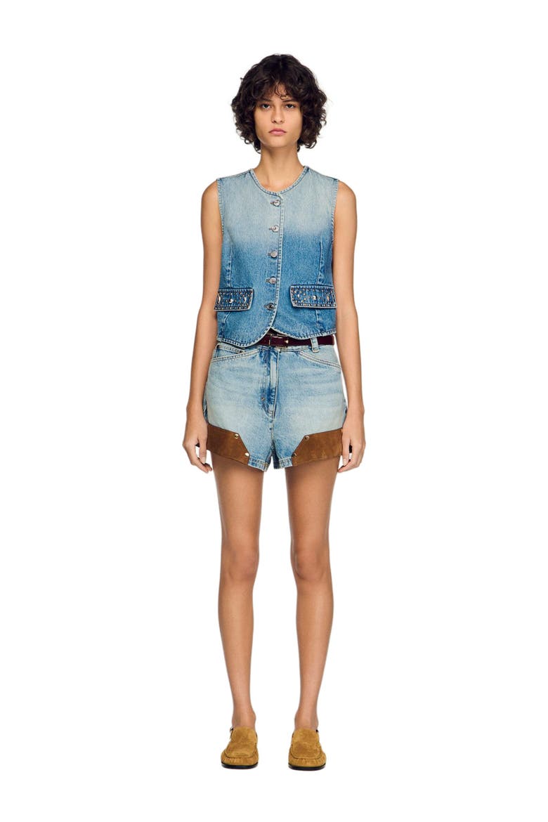 Cropped studded denim vest, Main, color, Blue jean