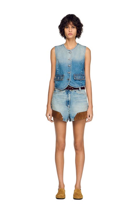 Cropped studded denim vest