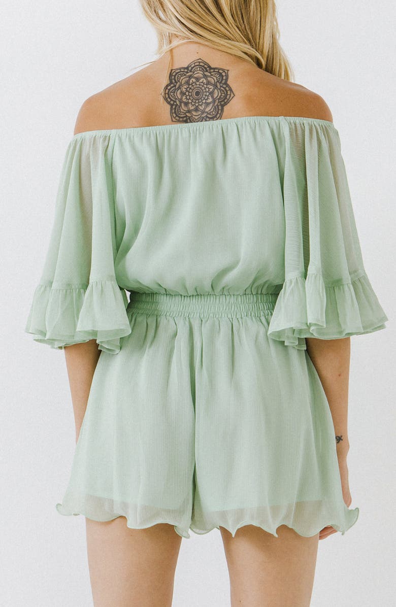 Endless Rose Off the Shoulder Ruffle Sleeve Romper, Alternate, color, Mint