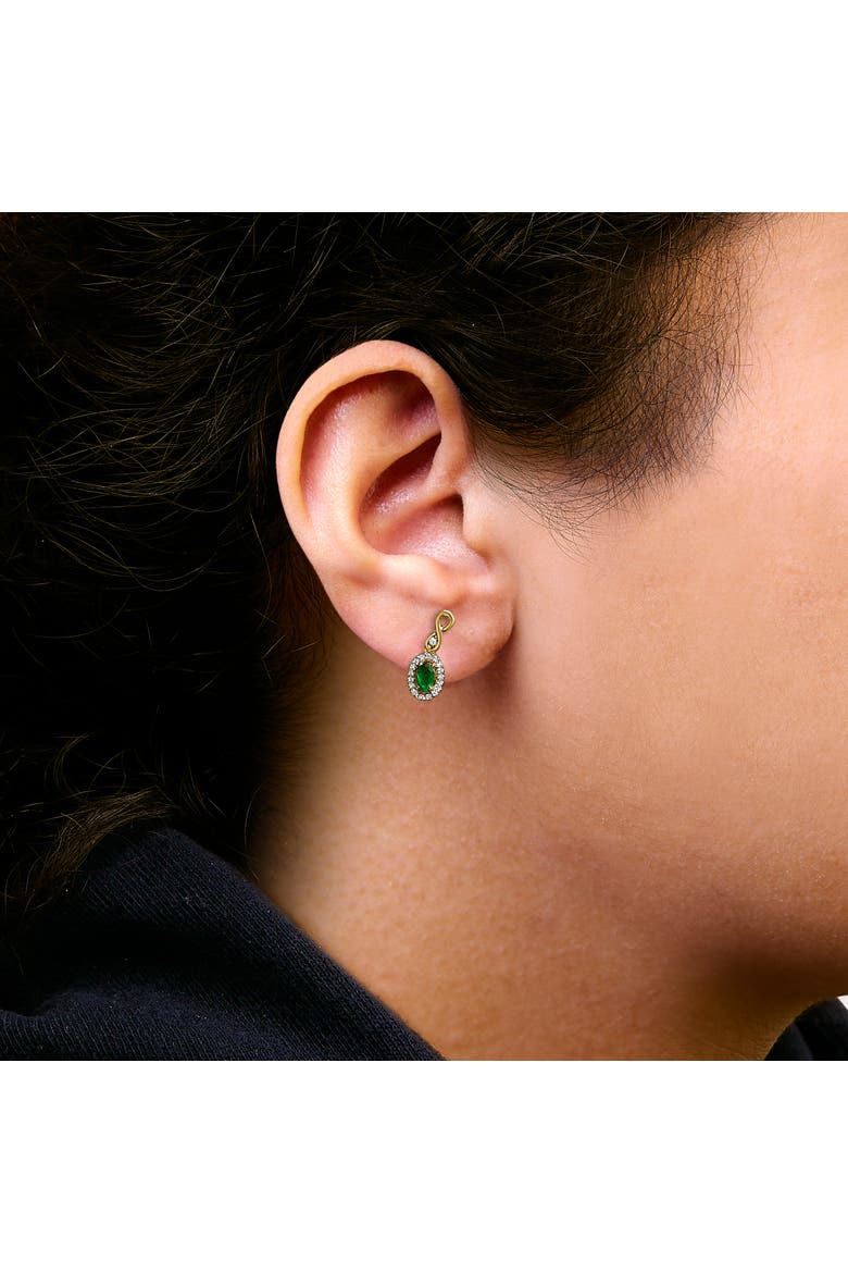 10K Yellow Gold Oval Green Emerald 5x3 mm and 1/7 Ct Diamond Dangle Earrings, Alternate, color, Yellow