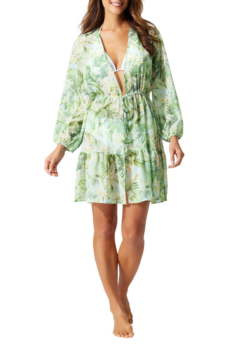 Paradise Fronds Long Sleeve Cover-Up Dress, Main, color, LIGHT SWIMMING POOL