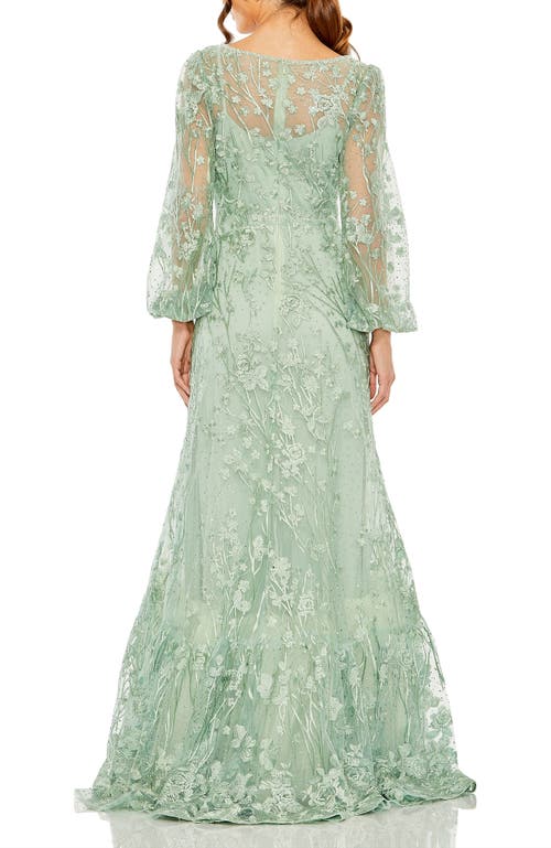 Mac Duggal Floral Embroidered Illusion Long Sleeve Gown In Sage