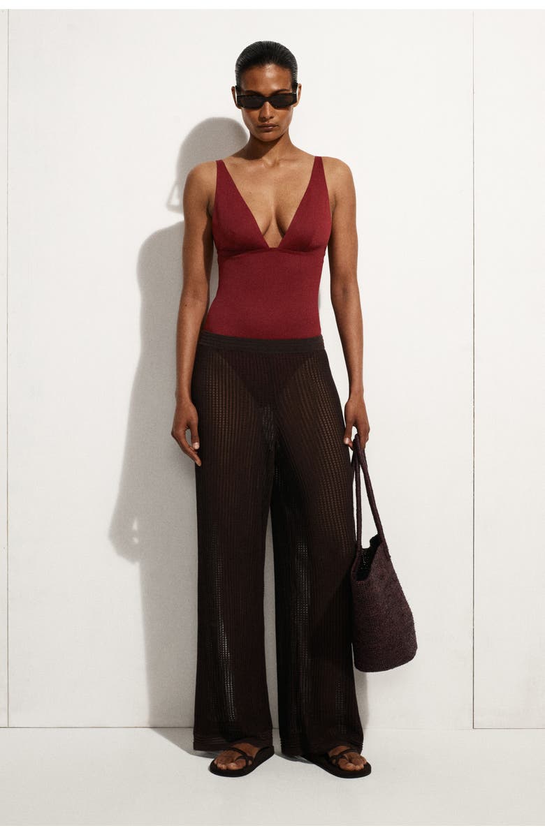 COS Bonded Scuba Knit V-Neck Swimsuit, Alternate, color, Dark Red