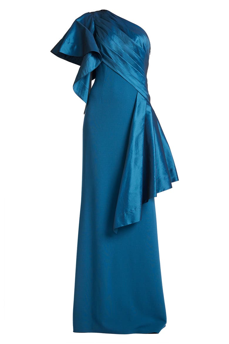 Draped One-Shoulder Mixed Media Gown, Alternate, color, CERULEAN