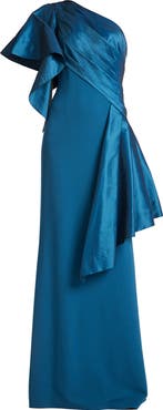 Tadashi Shoji Draped One-Shoulder Mixed Media Gown
