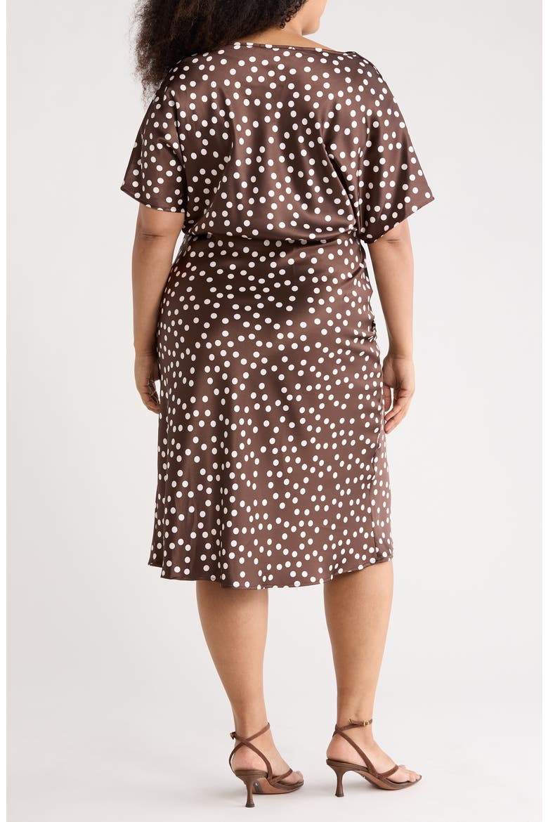 Polka Dot Short Sleeve Satin Midi Dress, Alternate, color, BROWN