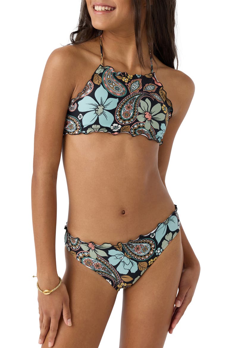 Kids' Mod Boho Ruffle Floral Two-Piece Swimsuit, Alternate, color, BLACK