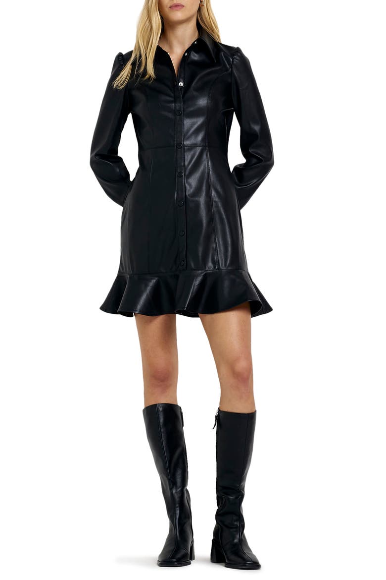 Long Sleeve Faux Leather Minidress, Main, color, BLACK