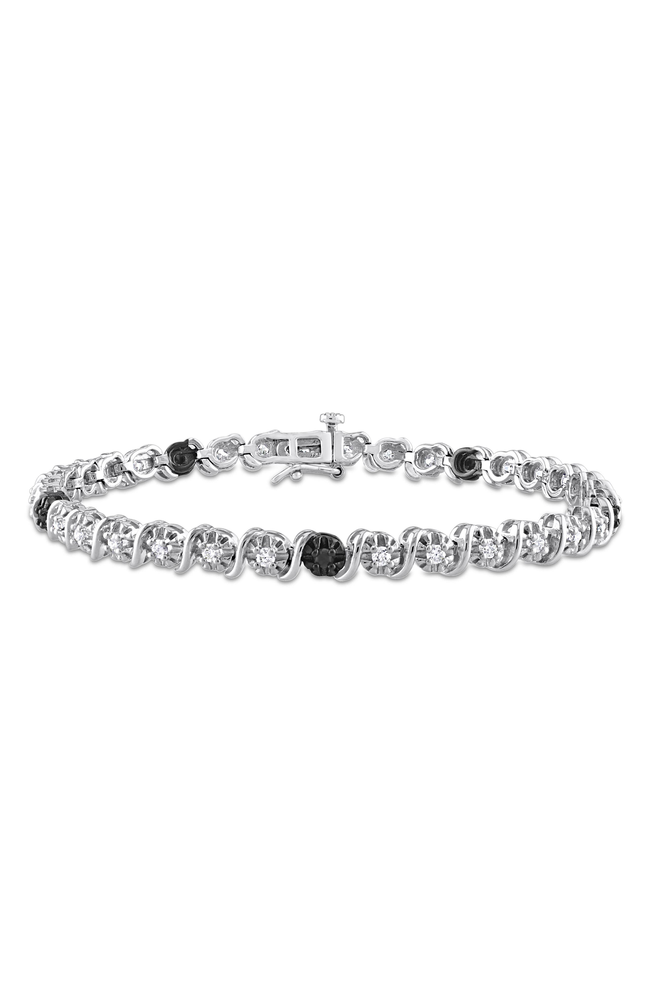 DELMAR Sterling Silver Black & White Diamond Tennis Bracelet