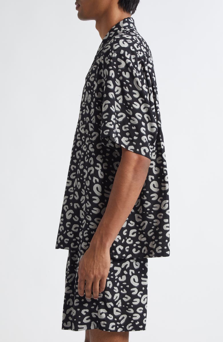 TAKAHIROMIYASHITA TheSoloist. Leopard Print Oversize Camp Shirt, Alternate, color, Black X White