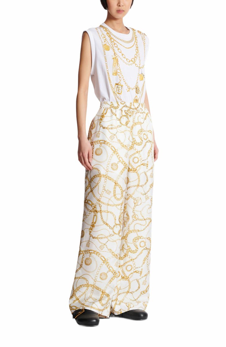 Balmain Flowing Printed Silk Trousers With Balmain Chains Pattern, Main, color, Gold