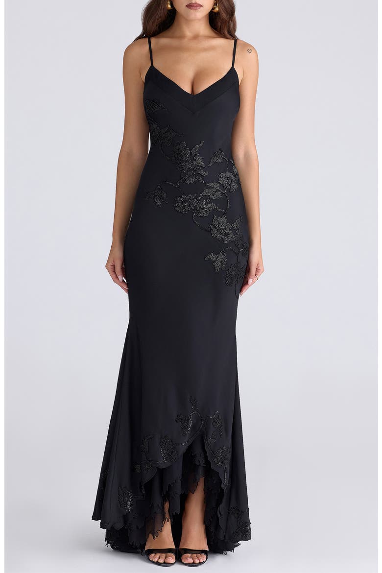 Anastelle Embellished Satin Mermaid Gown, Main, color, BLACK