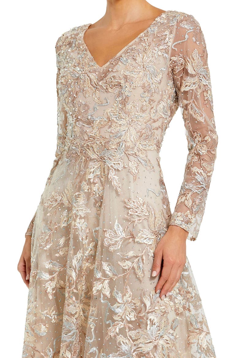 Women’s Embellished Illusion V-Neck Long Sleeve A-Line Gown, Alternate, color, Champagne