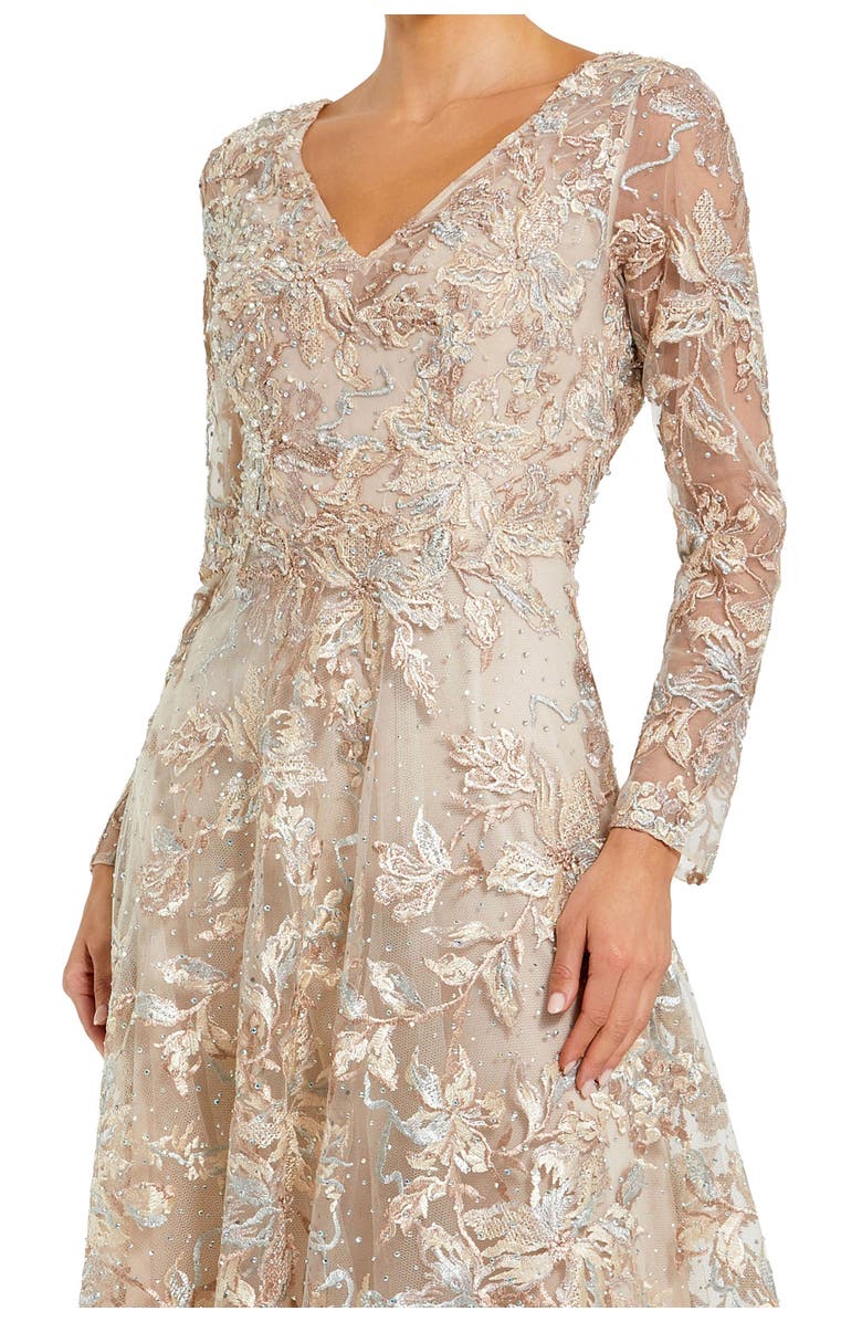 Mac Duggal Women’s Embellished Illusion V-Neck Long Sleeve A-Line Gown, Alternate, color, Champagne