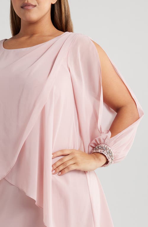 Shop Sl Fashions Beaded Overlay Long Sleeve Chiffon Cocktail Dress In Faded Rose