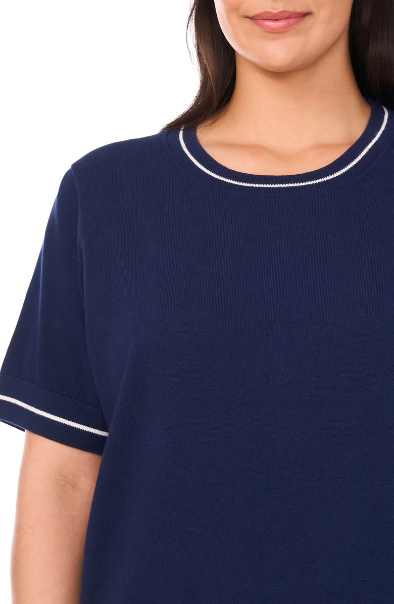 CeCe Tipped Short Sleeve Cotton Sweater, Alternate, color, Classic Navy