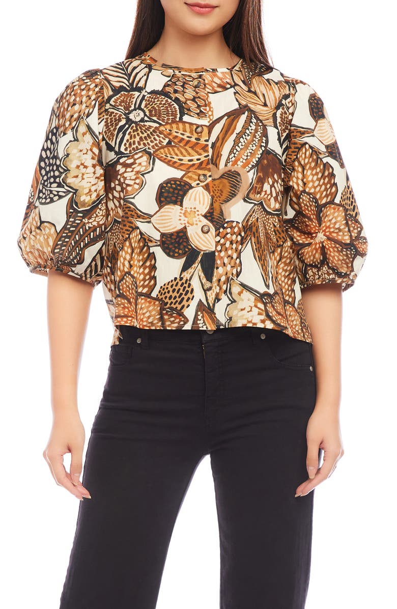 Karen Kane Floral Puff Sleeve Cotton Poplin Button-Up Shirt, Main, color, 