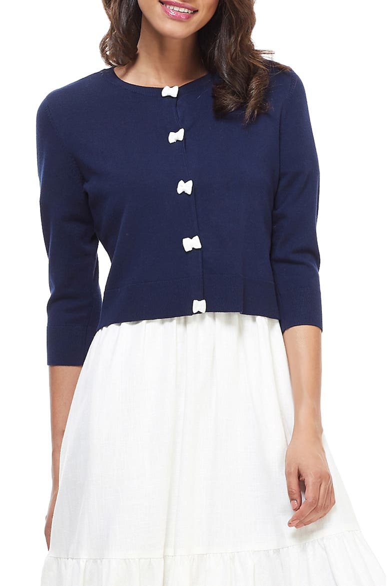 Iris Bow Placket Cardigan, Main, color, NAVY