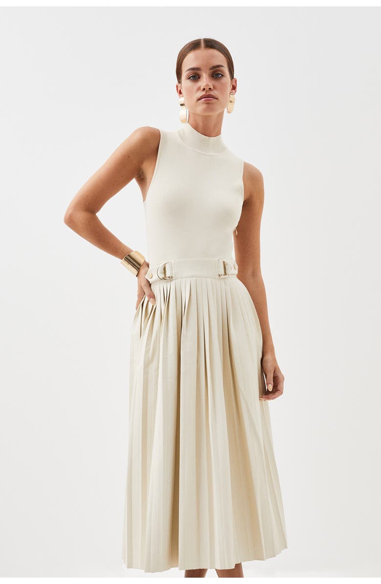 Karen Millen Pu Detailing Sleeveless Midi Dress, Main, color, Cream