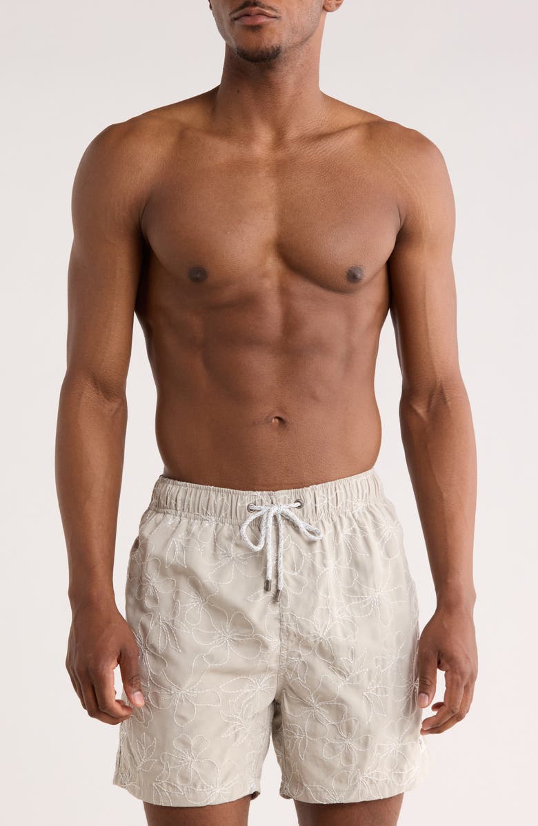 Vintage Summer Endless Embroidered Volley Swim Trunks, Main, color, Tan