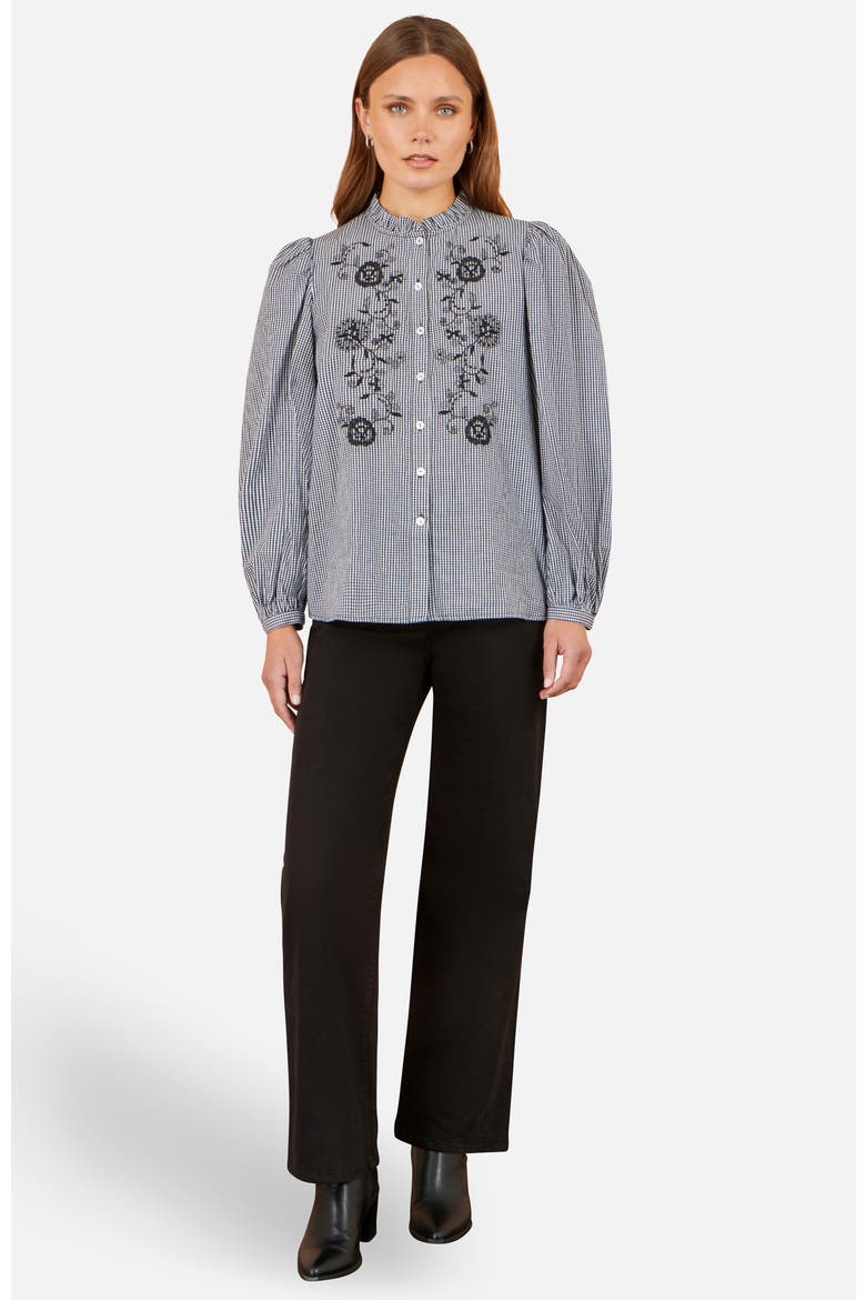Cotton Gingham Embroidered Shirt, Alternate, color, Black