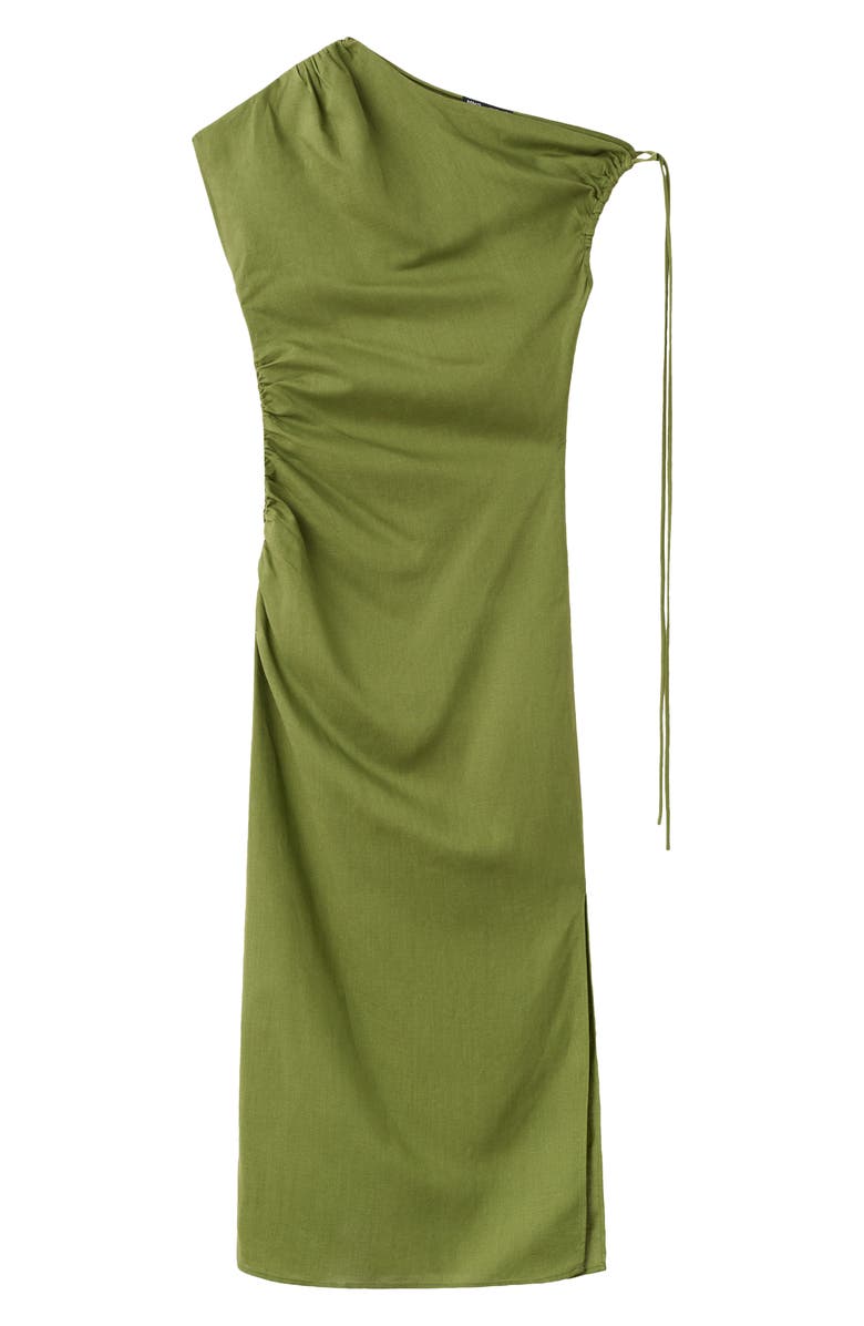 MANGO Side Ruched One-Shoulder Midi Dress, Alternate, color, Green