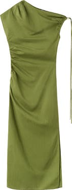 MANGO Side Ruched One-Shoulder Midi Dress
