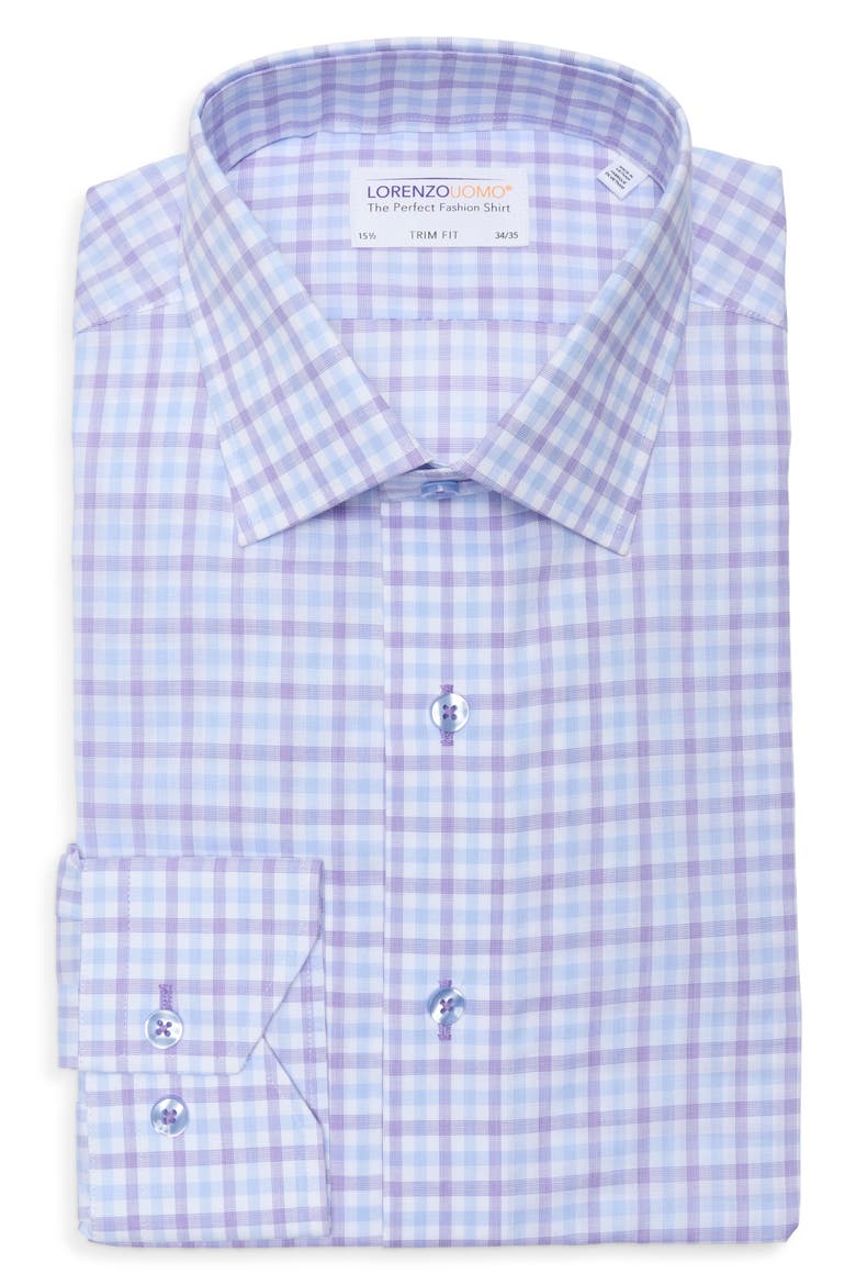 Trim Fit Check Cotton Dress Shirt, Alternate, color, LIGHT BLUE/ PURPLE