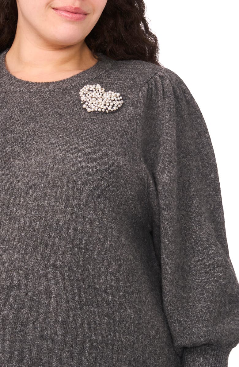 CeCe Faux Pearl Heart Applique Sweater, Alternate, color, Medium Heather Grey