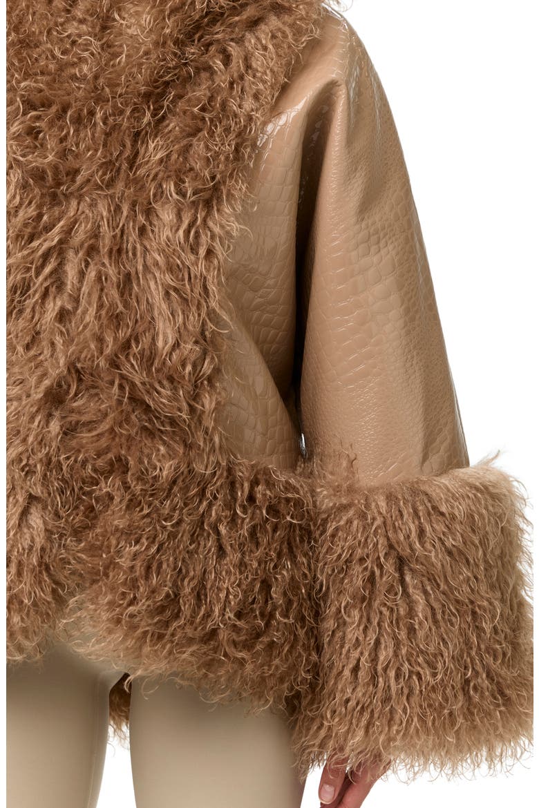 Croc Embossed Faux Leather & Faux Fur Cocoon Coat, Alternate, color, BISCOTTI
