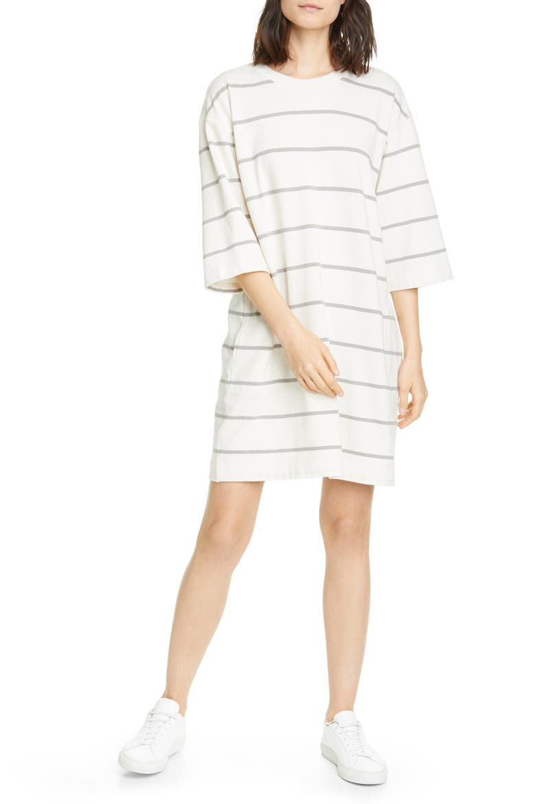 Plaited Stripe Jersey Sweatshirt Dress, Main, color, CHALK/ SMOKE COMBO