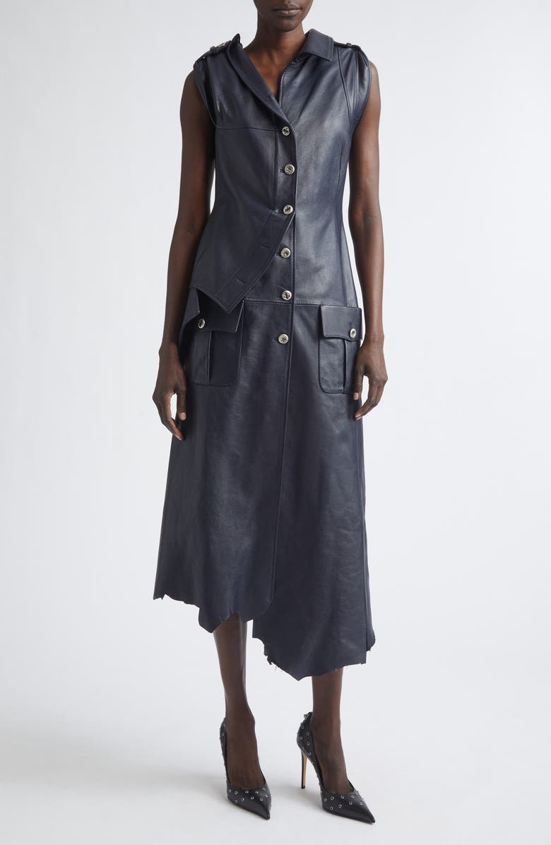 McQueen Asymmetric Leather Shirtdress, Main, color,