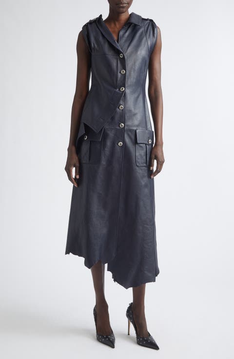 Asymmetric Leather Shirtdress