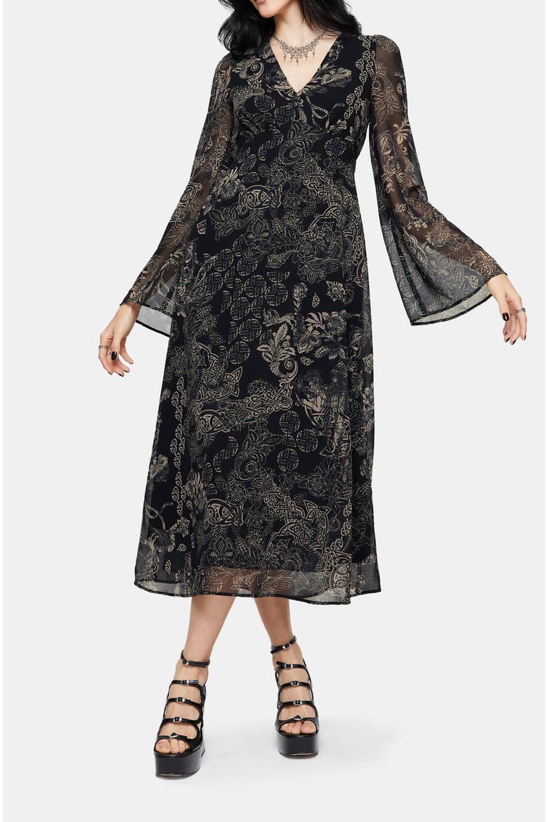 Surge Celtic Ruffle Neck Midi Dress, Alternate, color, Black