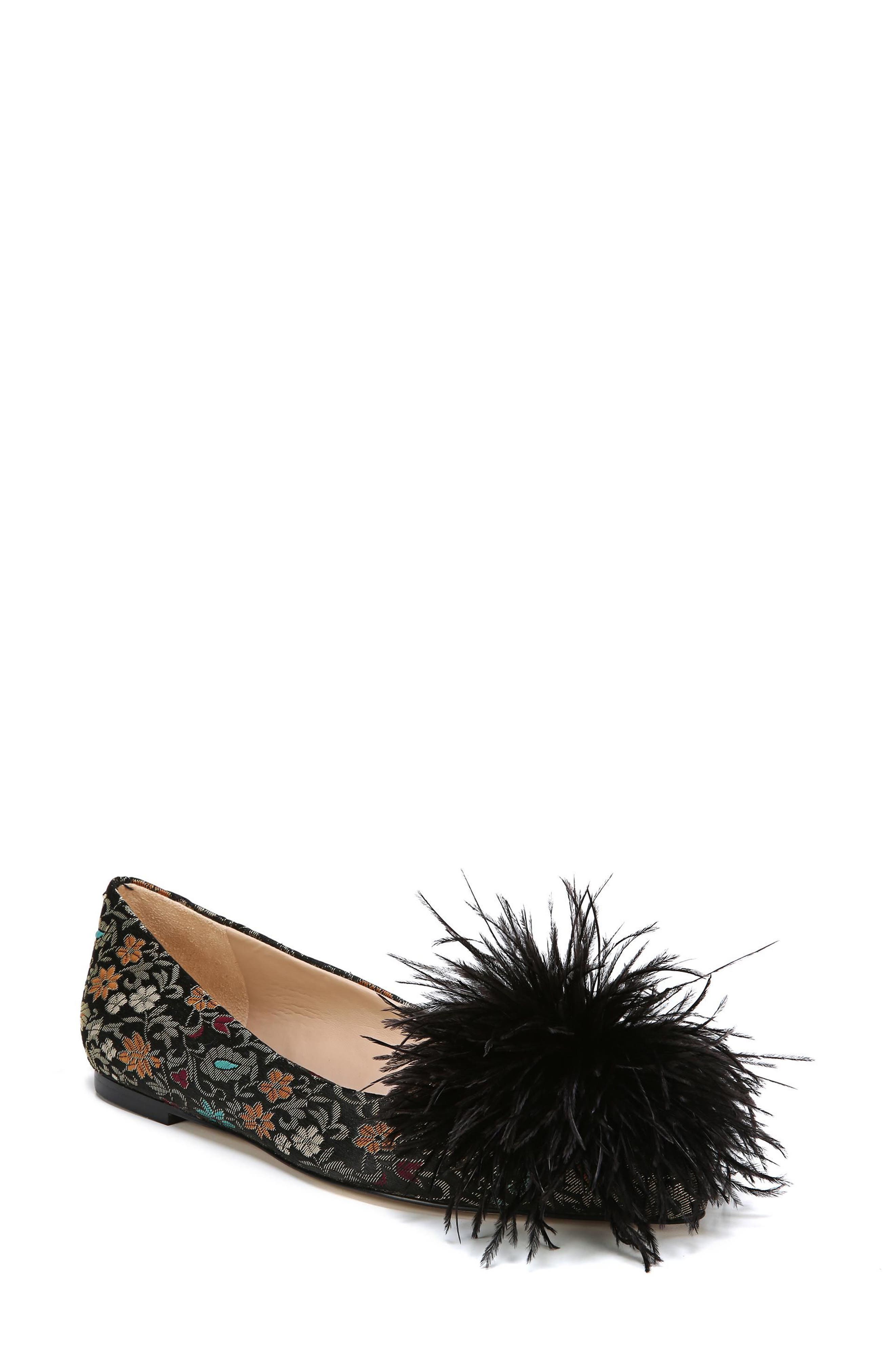 Reina Feather Pompom Flat, Main, color, BLACK FLORAL BROCADE