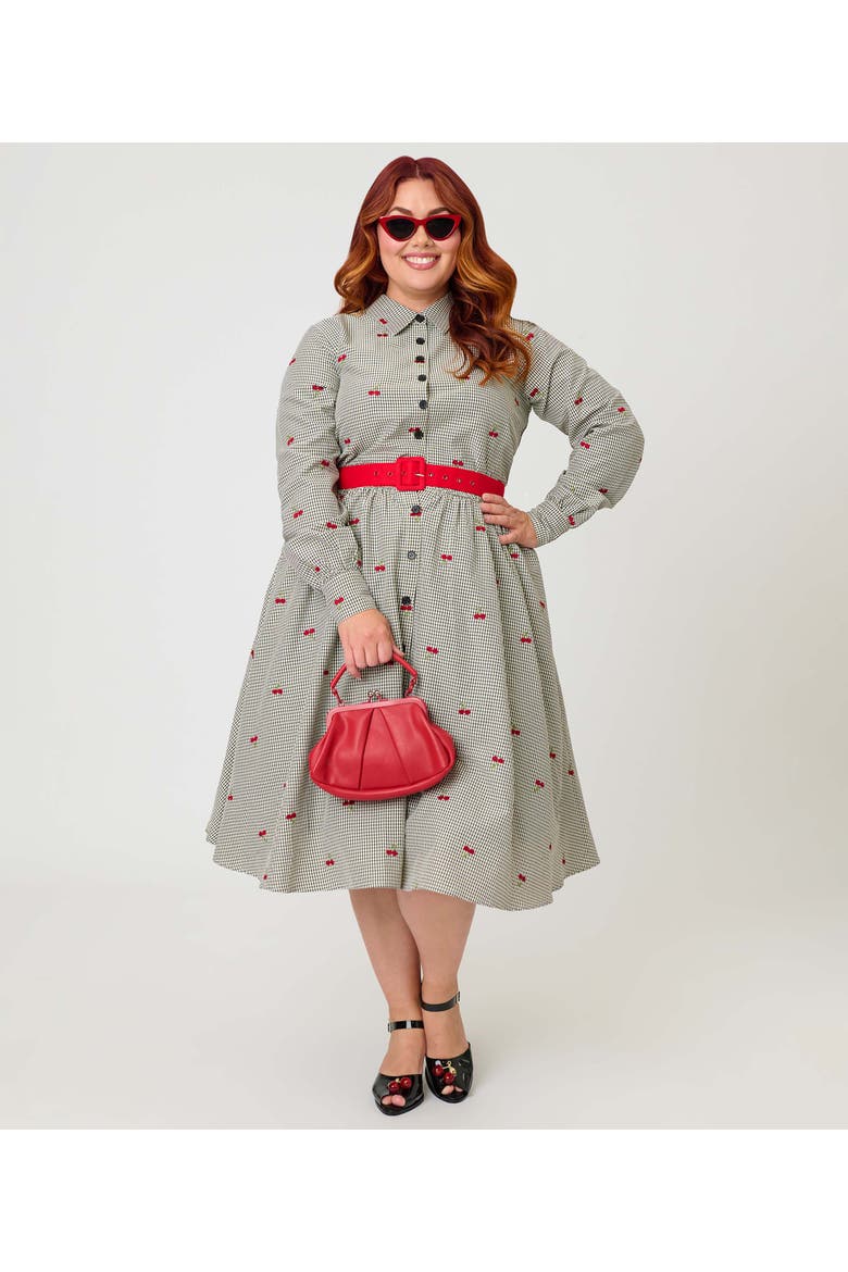 Plus Size Long Sleeve Belted Shirt Dress, Alternate, color, Grey Gingham Cherry Print