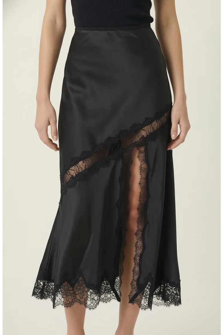 Lace Trim Asymmetric Satin Midi Skirt with Contrast Panel (Women
