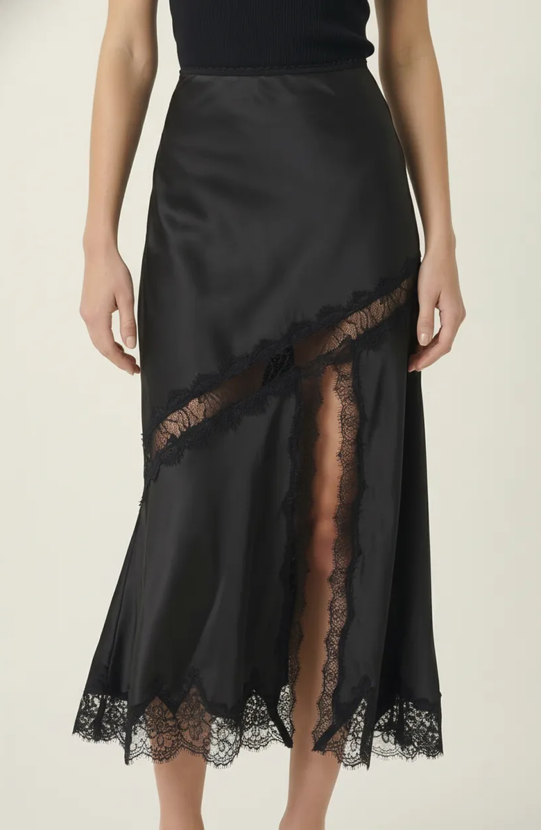 Modenaire Lace Trim Asymmetric Satin Midi Skirt with Contrast Panel, Main, color, Black