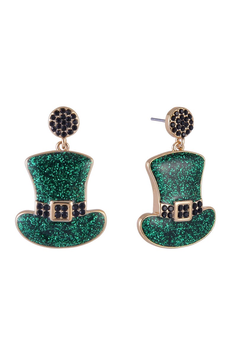Hallmark Glitter Top Hat Earrings, Main, color, Green