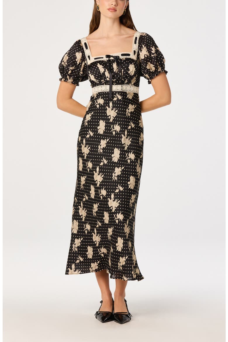 Kim Puffed Sleeve Lace Trimmed Midi Dress, Main, color, BLACK POLKA DOT