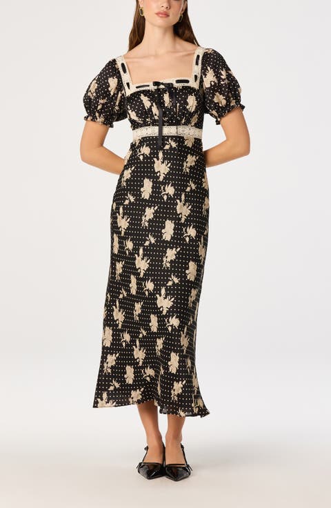 Kim Puffed Sleeve Lace Trimmed Midi Dress