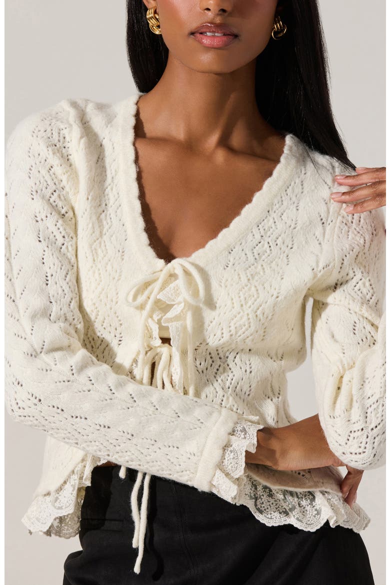 Lacey Ruffle Pointelle Tie-Front Cardigan, Alternate, color, CREAM