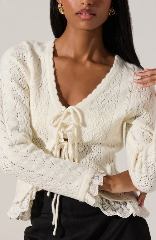 Astr The Label Lacey Ruffle Pointelle Tie-front Cardigan In White
