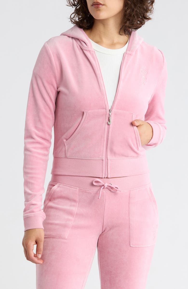 Juicy Couture Heritage Velour Zip-Up Hoodie, Main, color, Rose